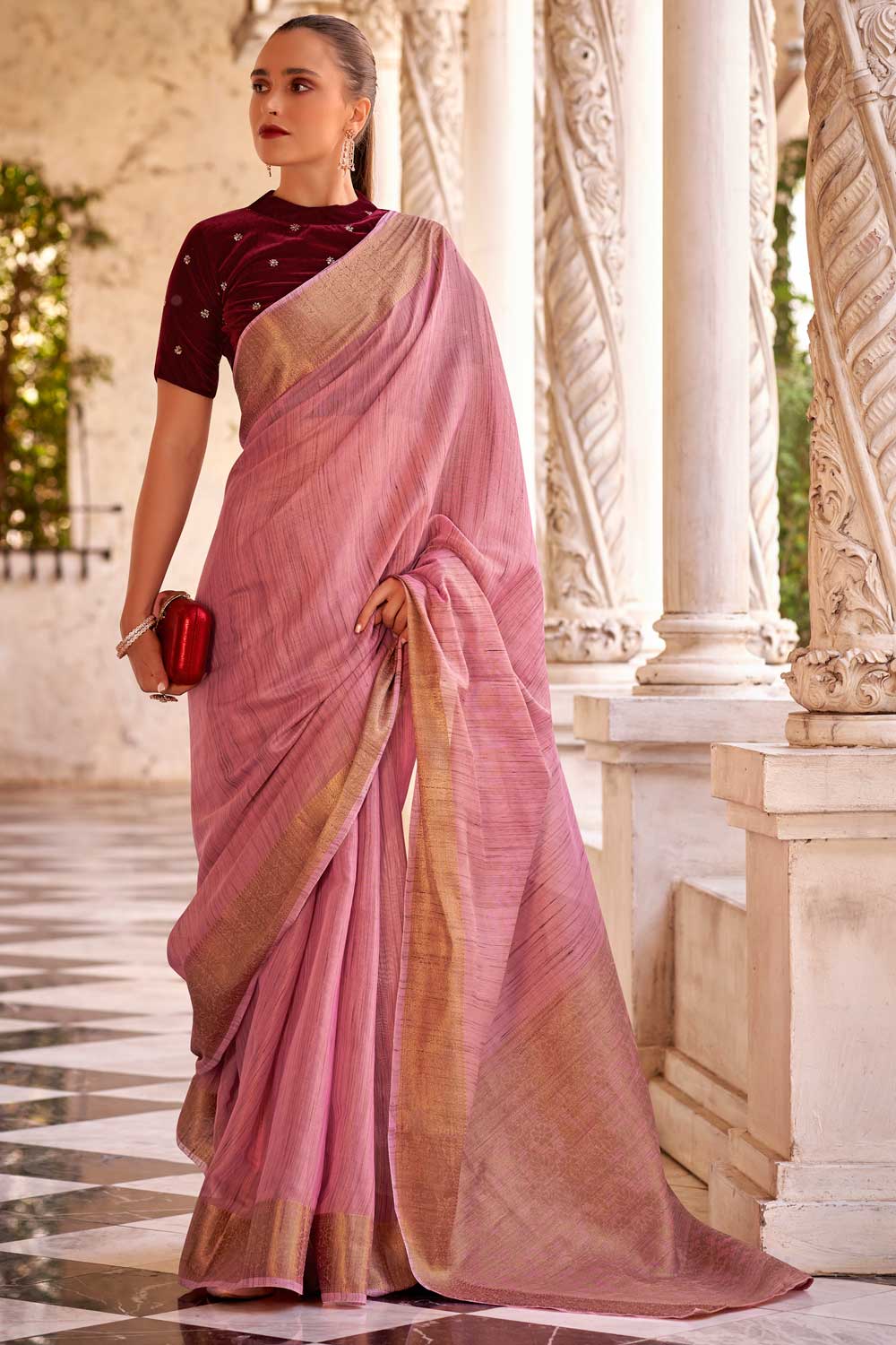 Soothing Fancy Linen Saree With Velvet Blouse In Pink Color