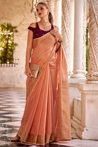 Orange Color Glorious Fancy Linen Saree With Velvet Blouse