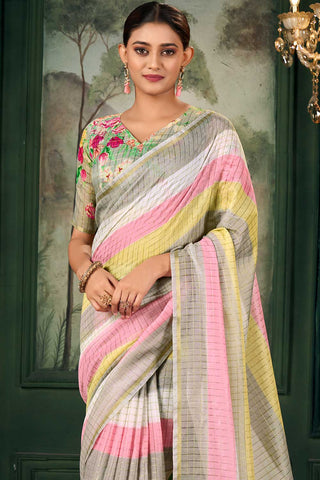 Amazing Multi Color Linen Fabric Zari Chex Pattern Saree With Floral Print Blouse