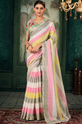 Amazing Multi Color Linen Fabric Zari Chex Pattern Saree With Floral Print Blouse