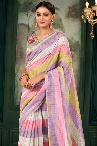 Trendy Linen Fabric Multi Color Zari Chex Pattern Saree With Floral Print Blouse