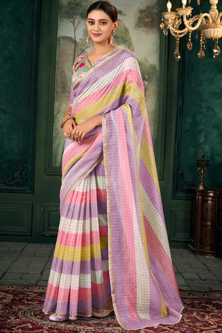 Trendy Linen Fabric Multi Color Zari Chex Pattern Saree With Floral Print Blouse