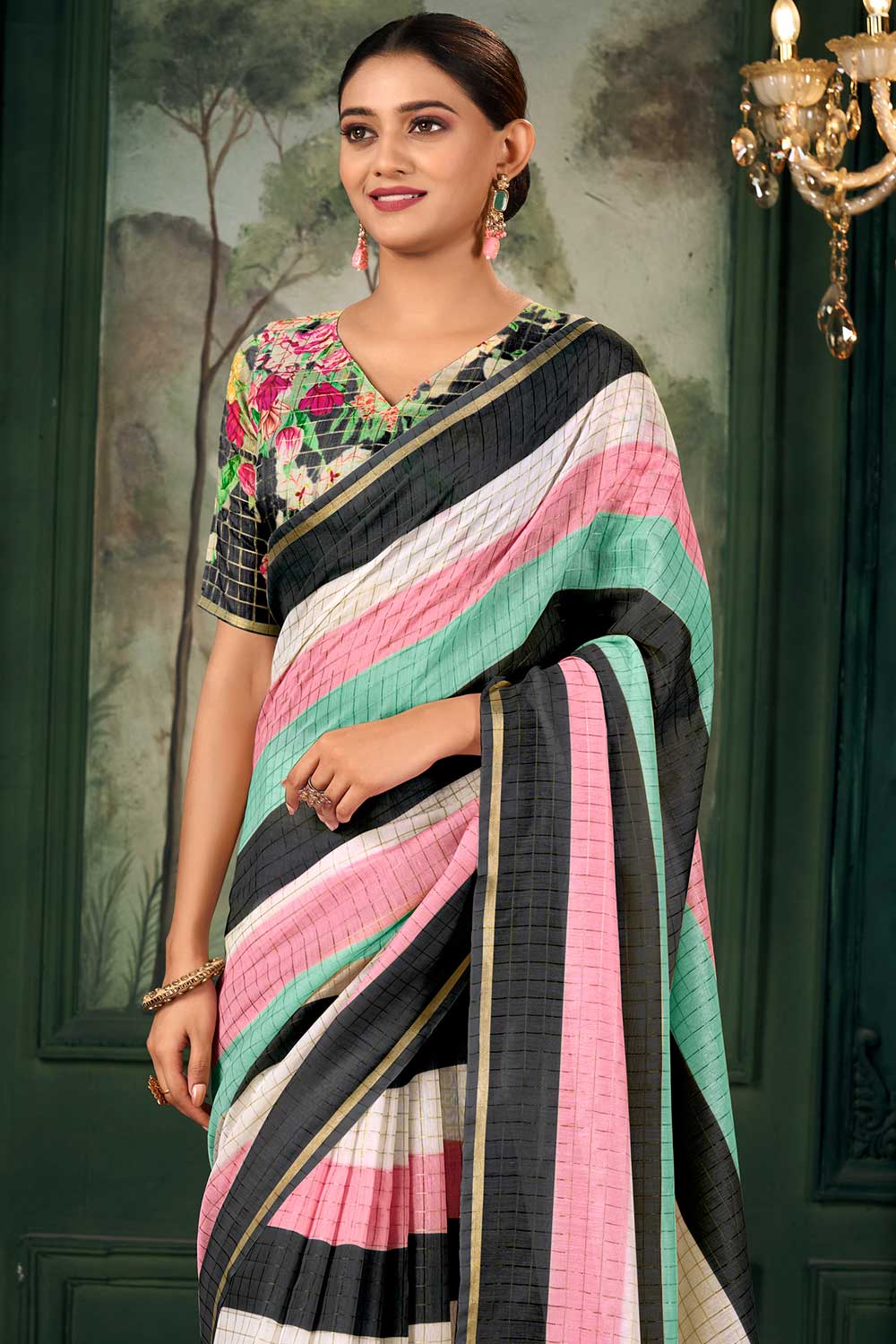 Multi Color Linen Fabric Chic Zari Chex Pattern Saree With Floral Print Blouse