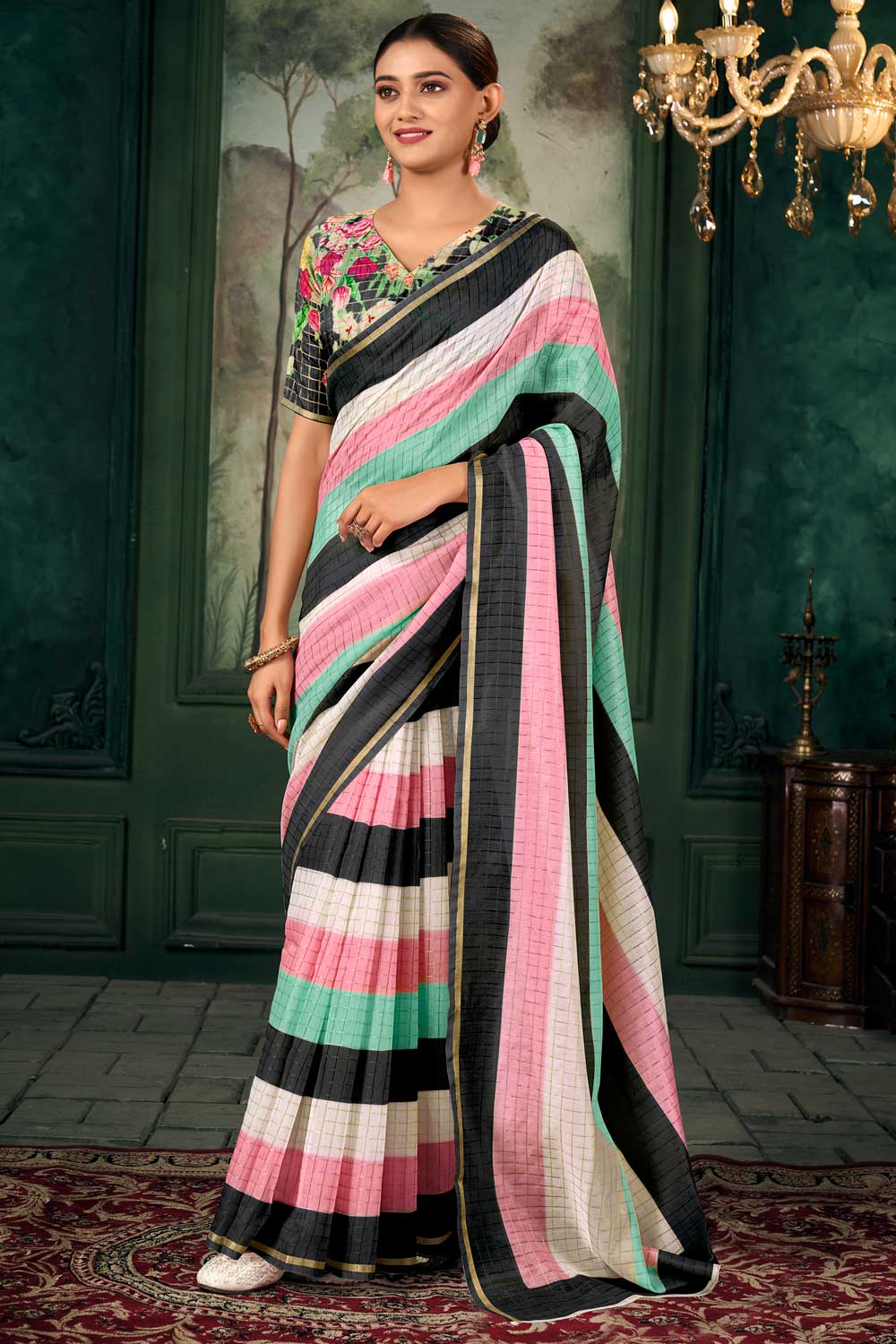 Multi Color Linen Fabric Chic Zari Chex Pattern Saree With Floral Print Blouse