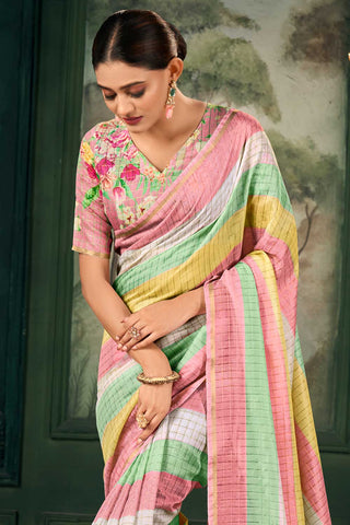 Soothing Multi Color Linen Fabric Zari Chex Pattern Saree With Floral Print Blouse