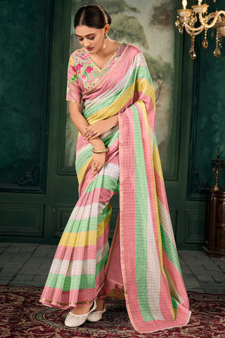 Soothing Multi Color Linen Fabric Zari Chex Pattern Saree With Floral Print Blouse