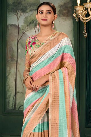 Linen Fabric Multi Color Gorgeous Zari Chex Pattern Saree With Floral Print Blouse