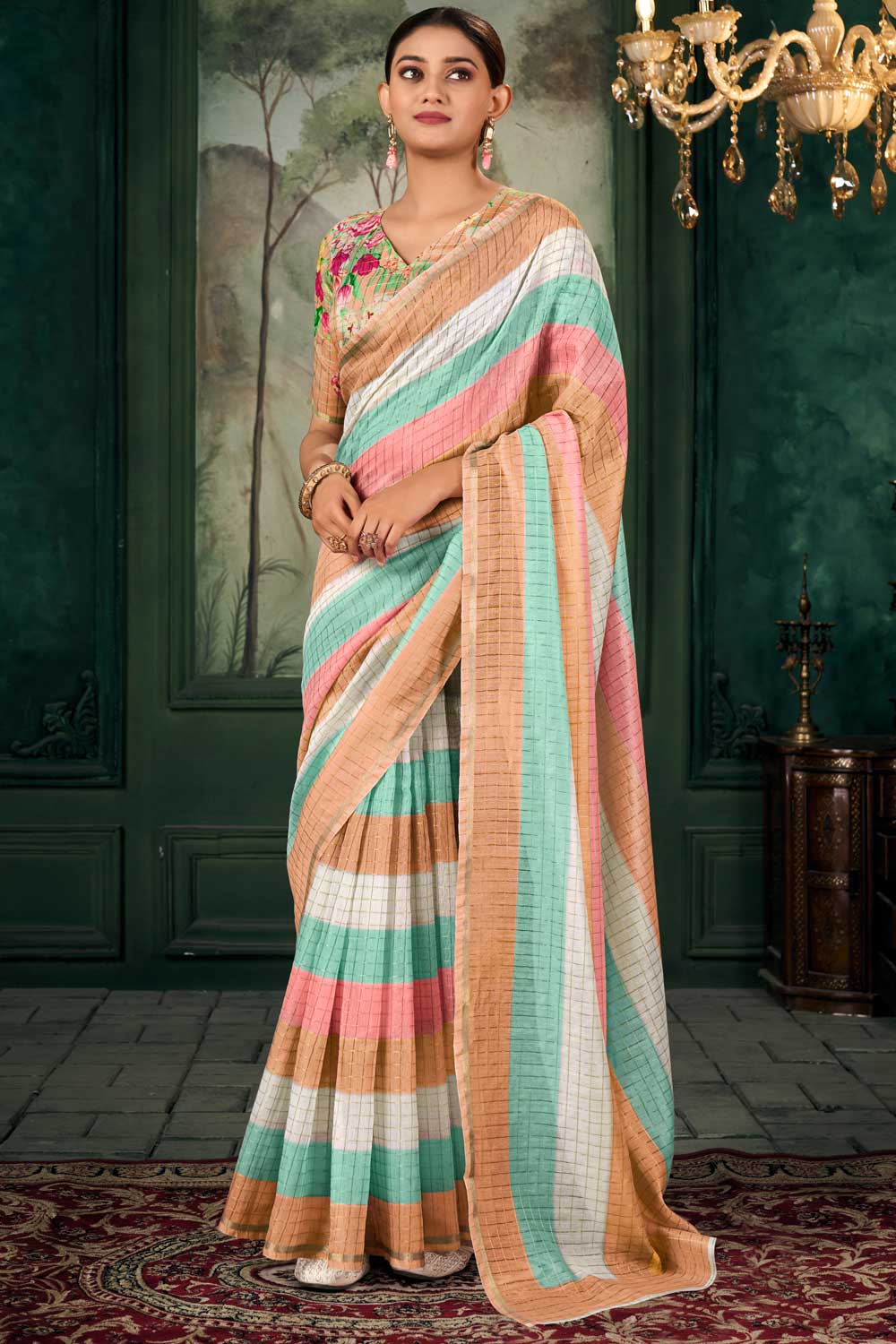 Linen Fabric Multi Color Gorgeous Zari Chex Pattern Saree With Floral Print Blouse