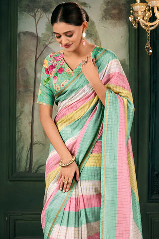 Graceful Linen Fabric Multi Color Zari Chex Pattern Saree With Floral Print Blouse