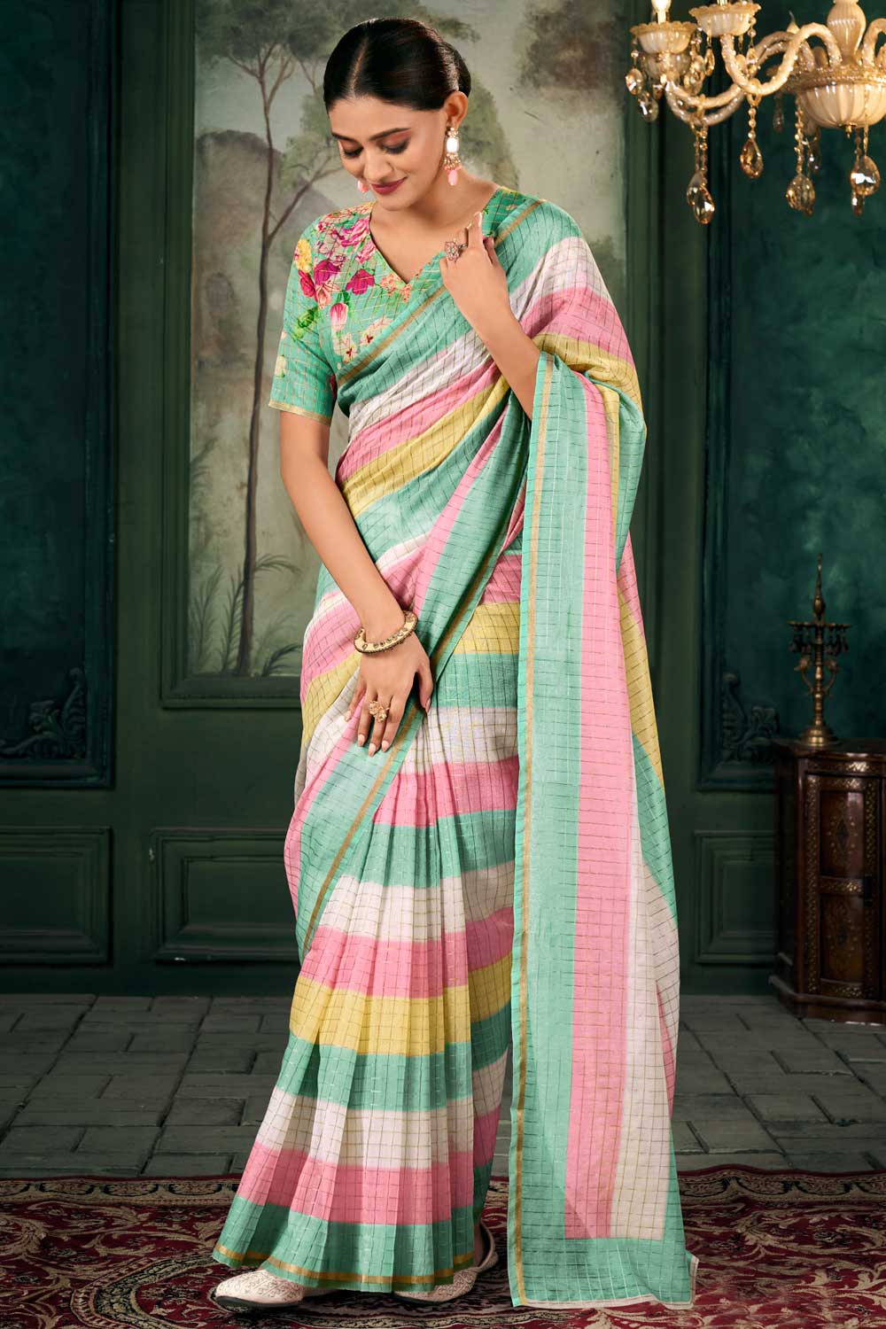 Graceful Linen Fabric Multi Color Zari Chex Pattern Saree With Floral Print Blouse