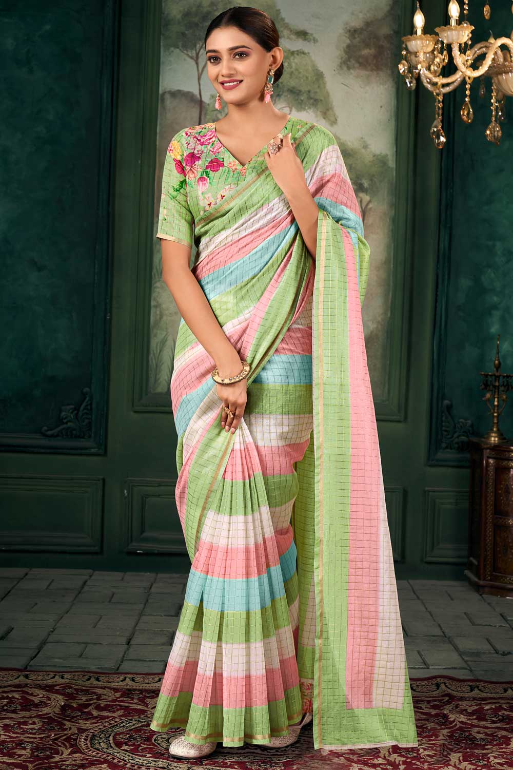 Engaging Multi Color Linen Fabric Zari Chex Pattern Saree With Floral Print Blouse