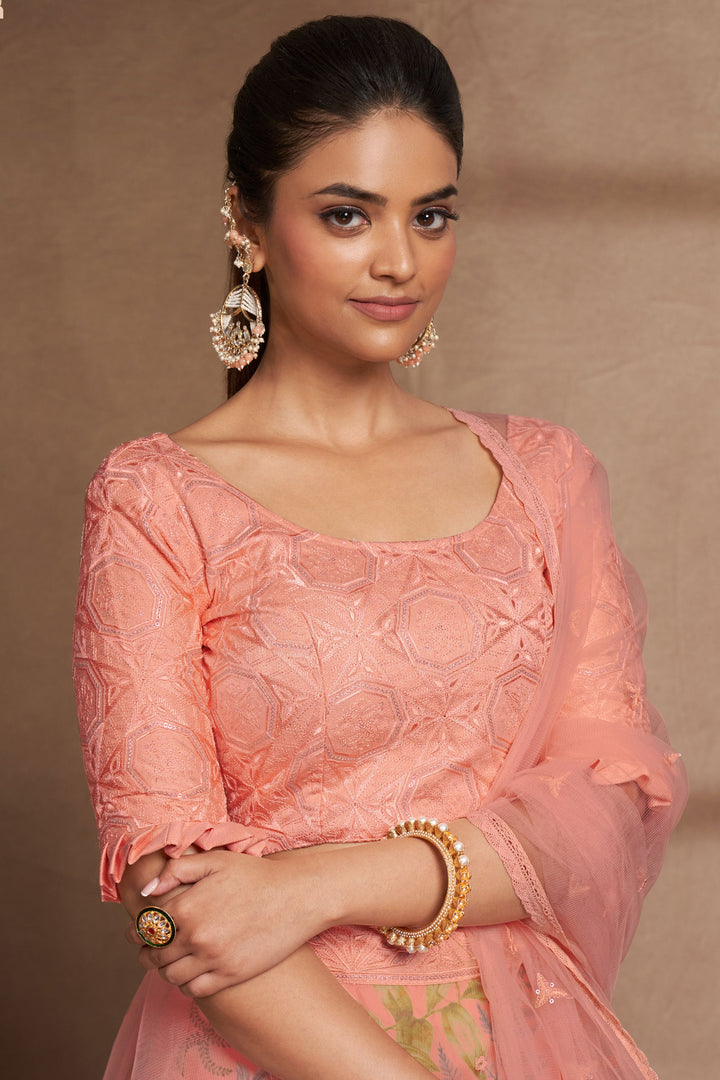 Blazing Peach Color Sangeet Wear Sequins Work Organza Lehenga Choli