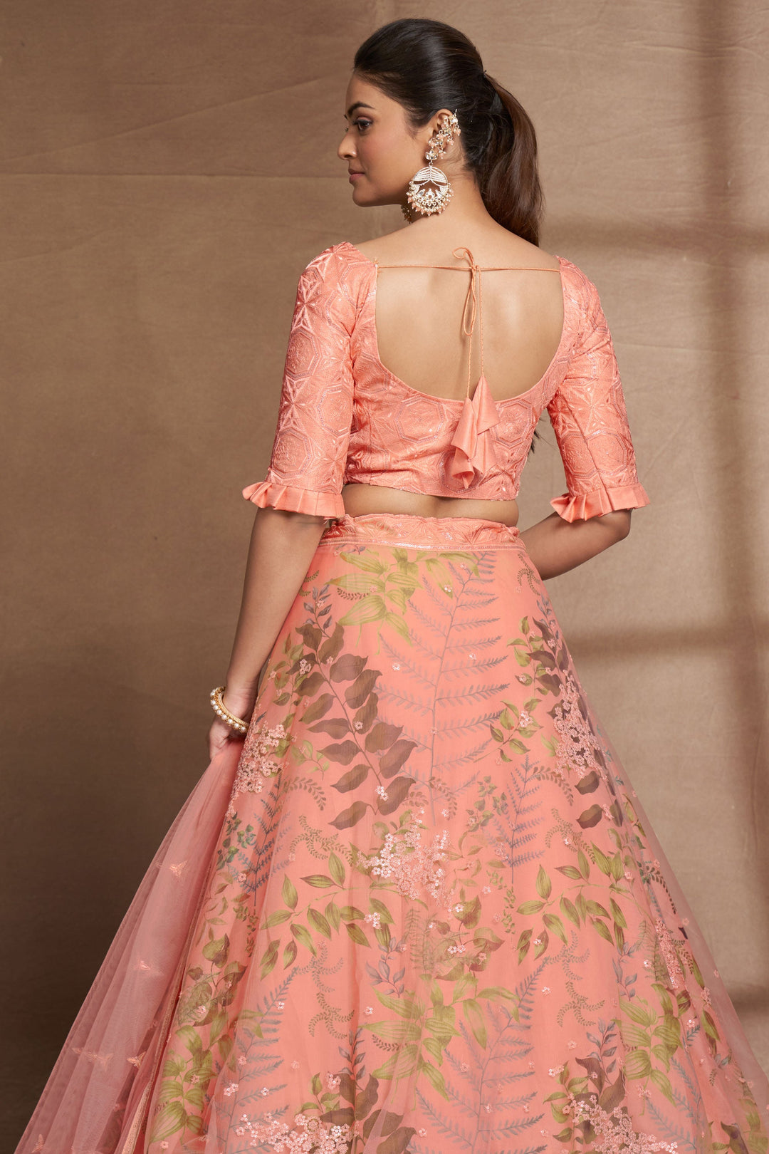 Blazing Peach Color Sangeet Wear Sequins Work Organza Lehenga Choli