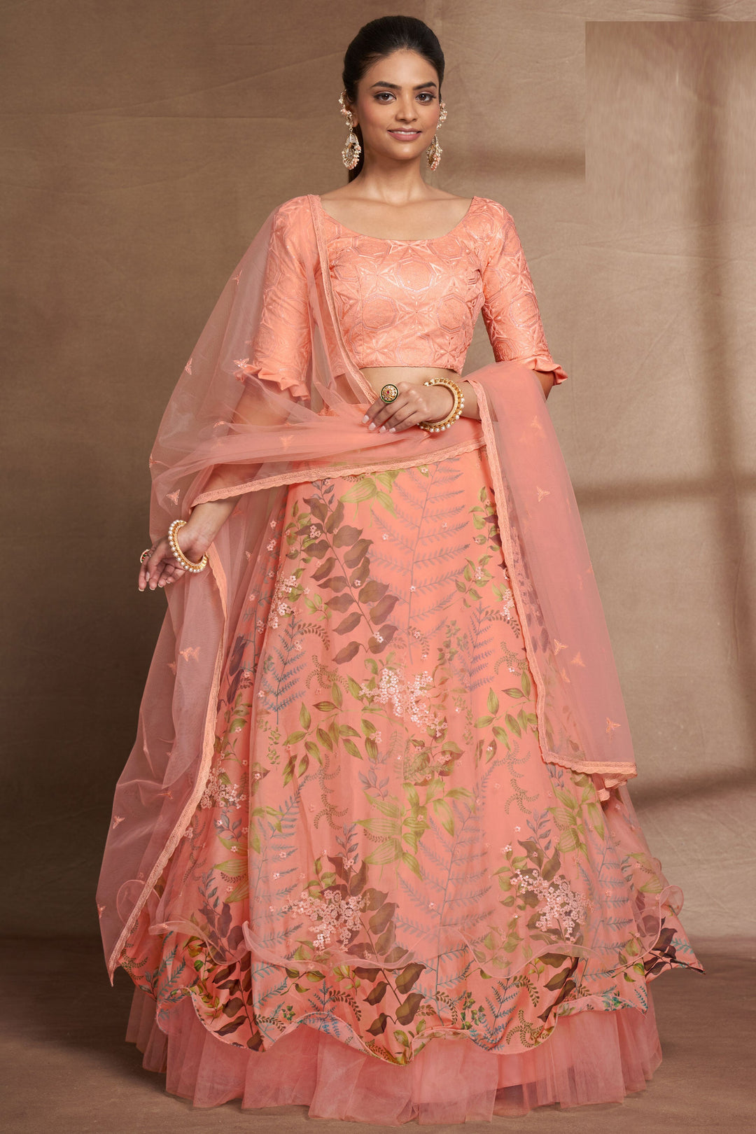 Blazing Peach Color Sangeet Wear Sequins Work Organza Lehenga Choli
