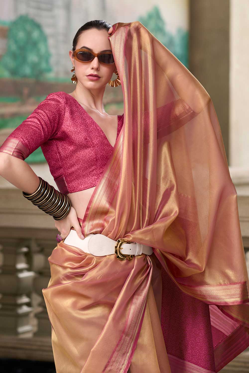 Weaving Work On Awesome Tissue Silk Fabric Saree In Peach Color