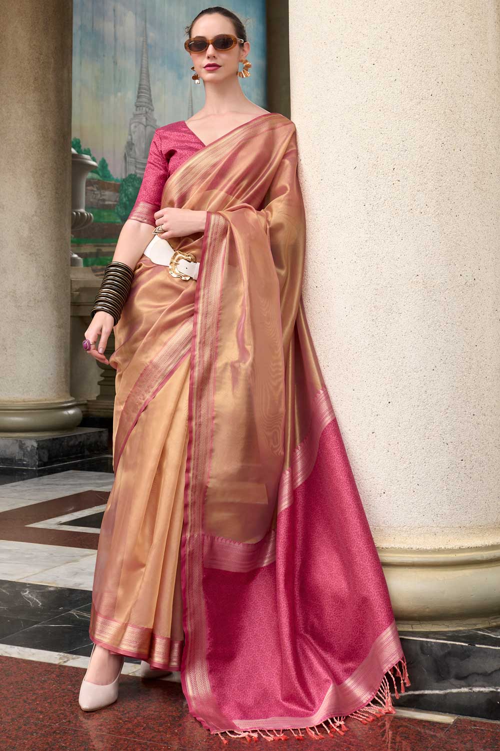 Weaving Work On Awesome Tissue Silk Fabric Saree In Peach Color