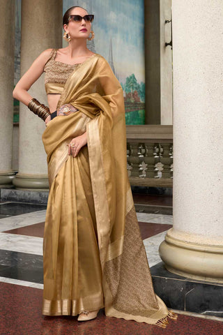 Weaving Work On Cream Color Aristocratic Tissue Silk Fabric Saree