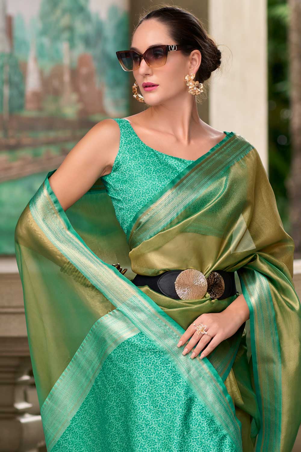 Imperial Cyan Color Tissue Silk Fabric Saree With Weaving Work