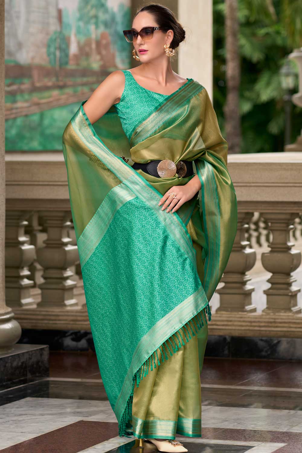 Imperial Cyan Color Tissue Silk Fabric Saree With Weaving Work