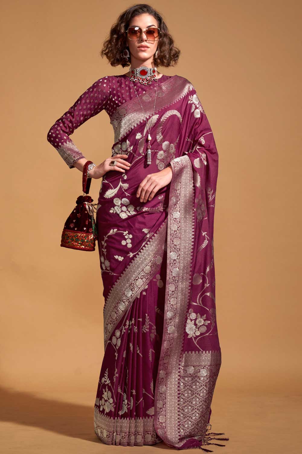 Weaving Work Imposing Georgette Saree In Magenta Color