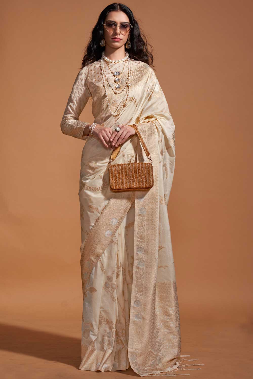 Blazing Beige Color Weaving Work Georgette Saree