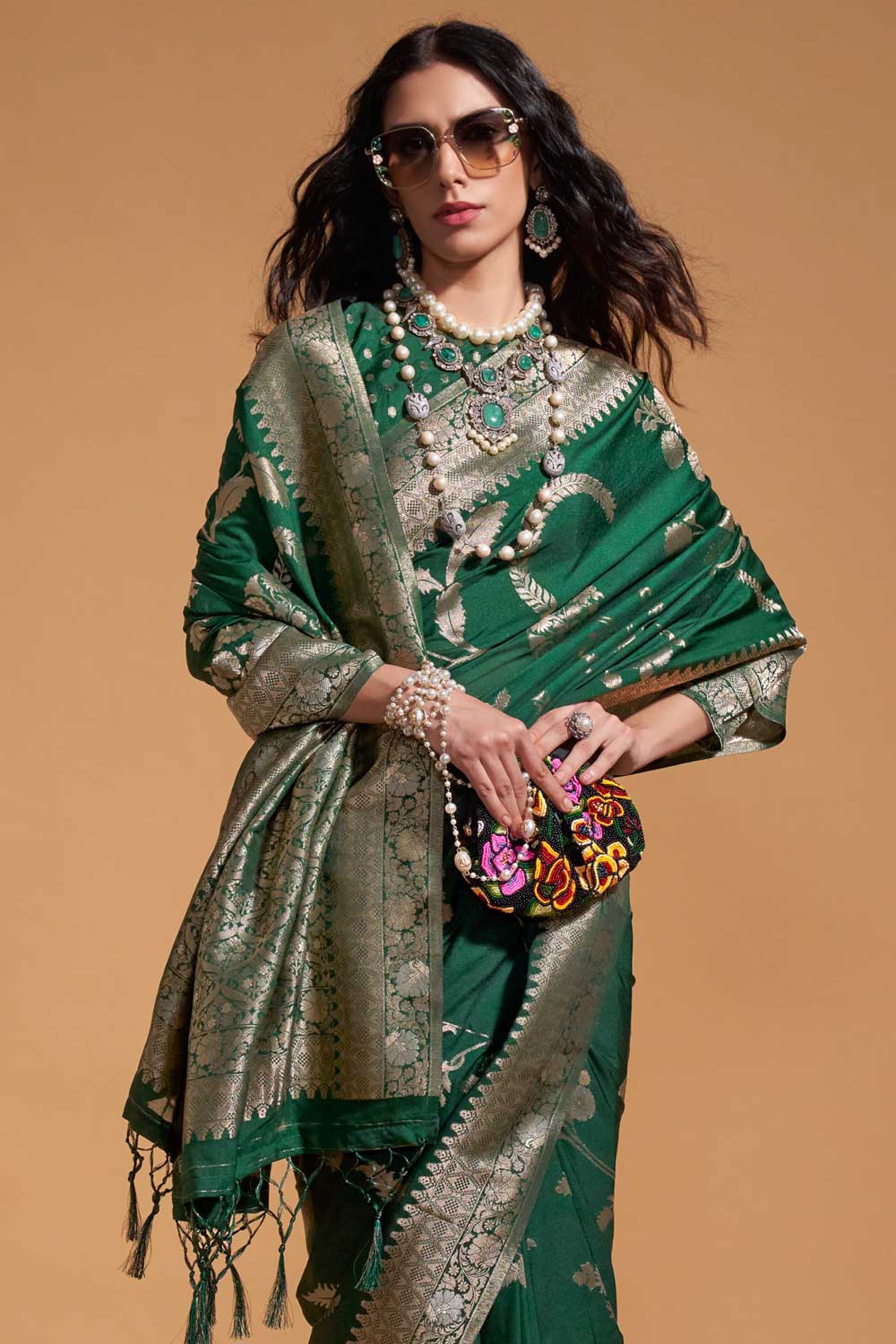 Dark Green Color Weaving Work Glamorous Georgette Saree