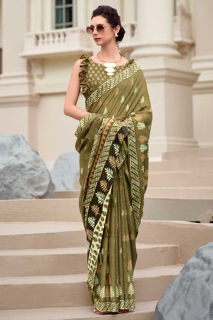Tempting Art Silk Fabric Mehendi Green Color Saree In Casual Wear | Buy Online India