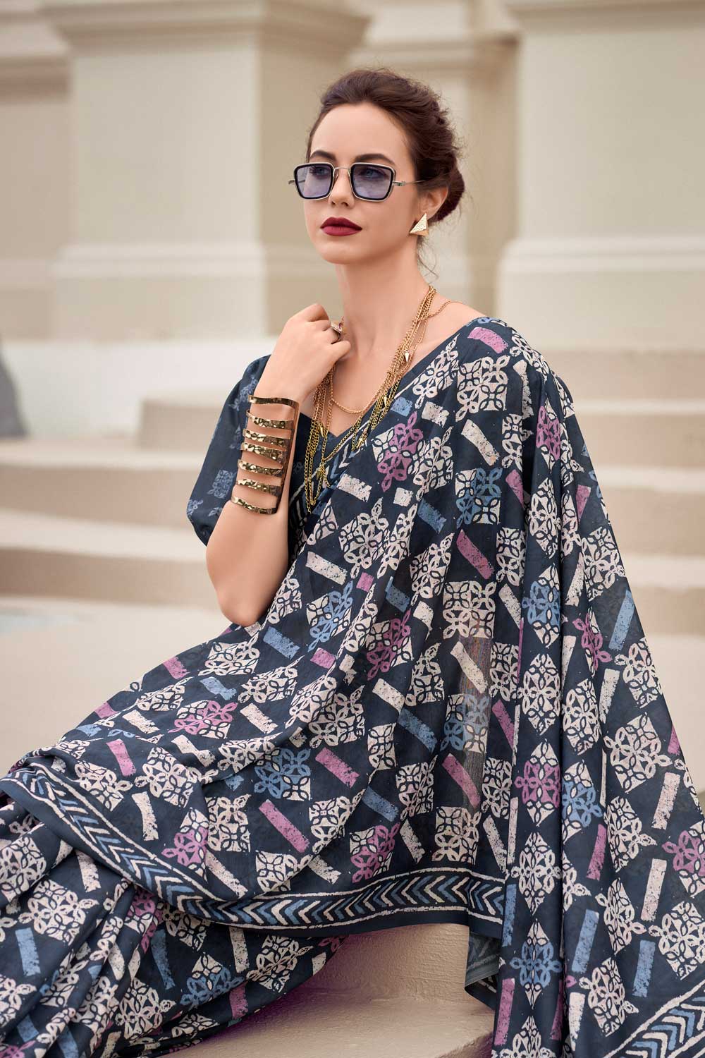 Engaging Navy Blue Color Art Silk Fabric Saree In Casual Wear