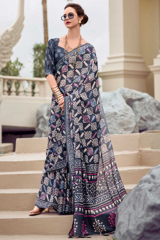 Engaging Navy Blue Color Art Silk Fabric Saree In Casual Wear