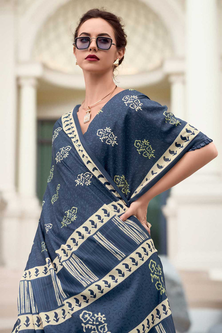 Lovely Casual Wear Saree In Navy Blue Color Art Silk Fabric
