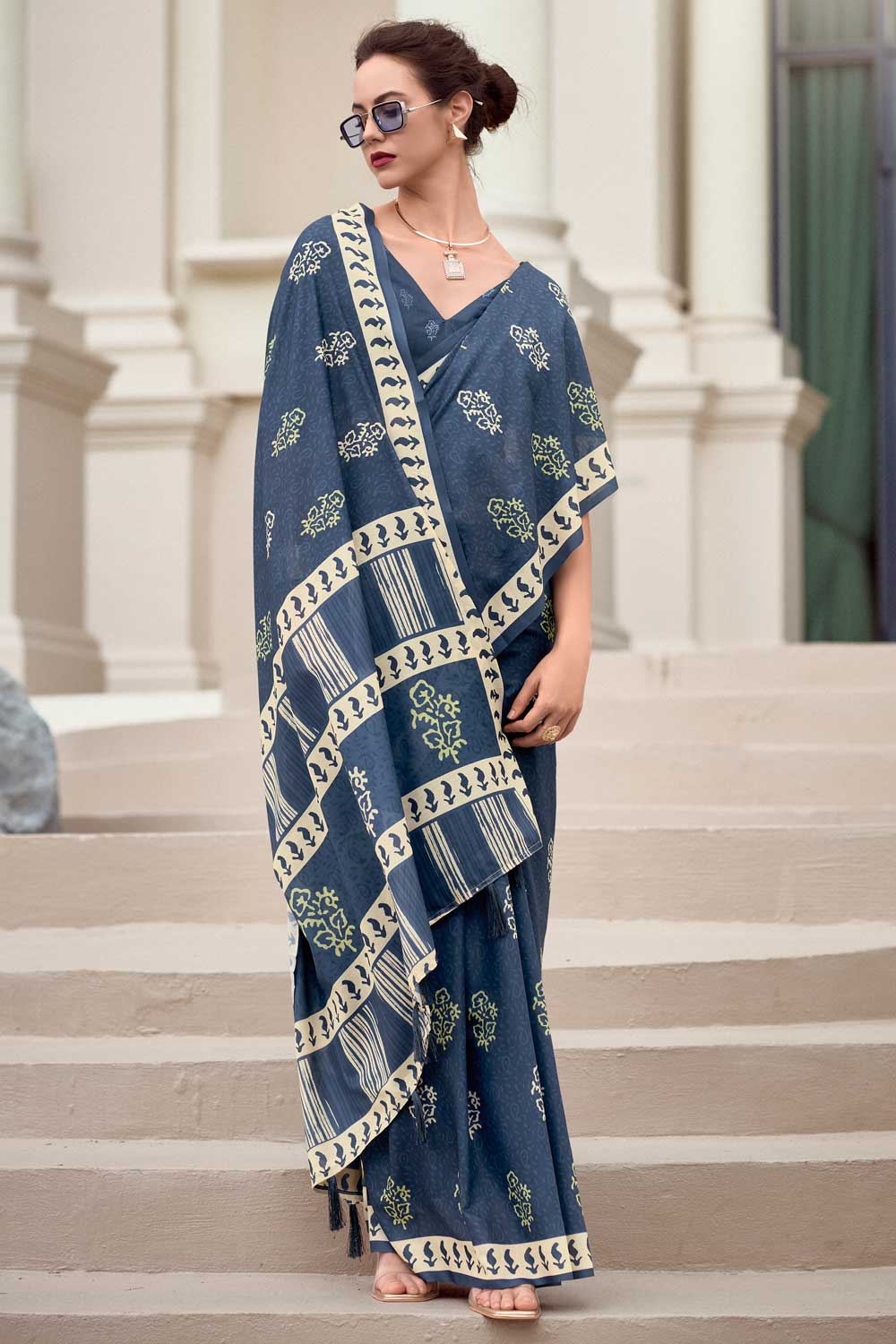 Lovely Casual Wear Saree In Navy Blue Color Art Silk Fabric