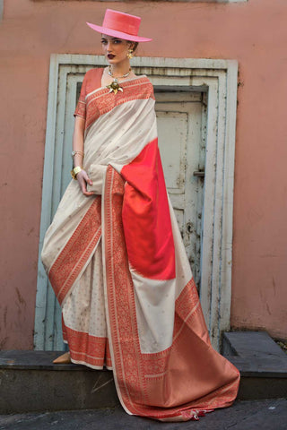 Phenomenal Handloom Weaving Off White Color Art Silk Saree