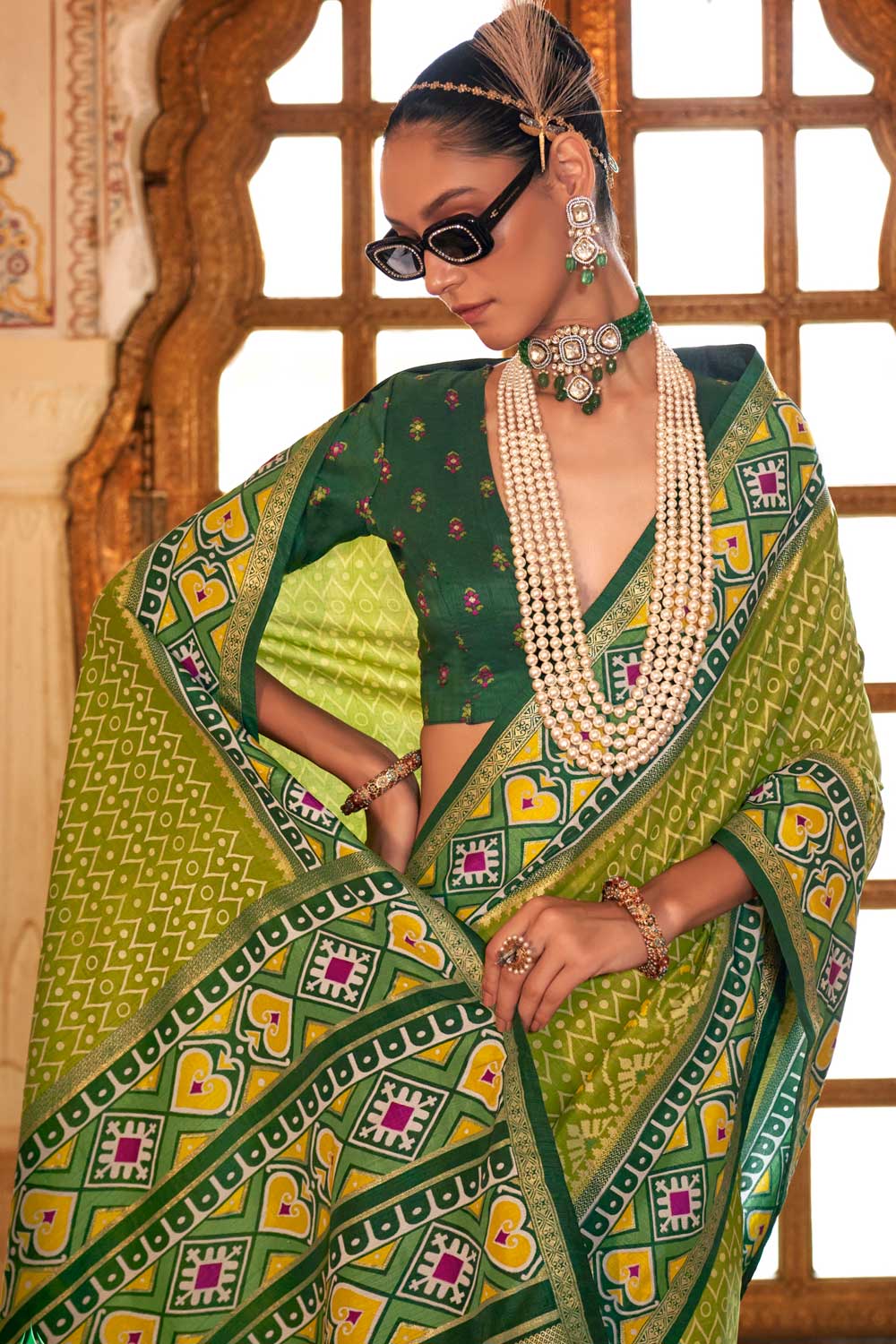 Stunning Green Color Art Silk Patola Printed Saree