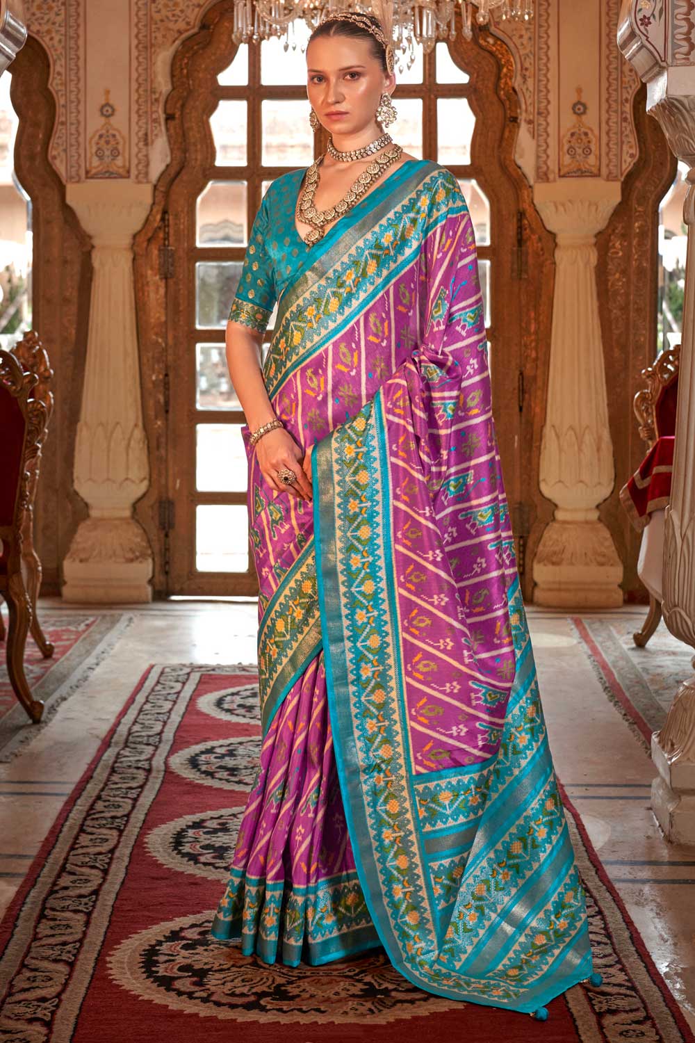 Engaging Lavender Color Art Silk Patola Printed Saree