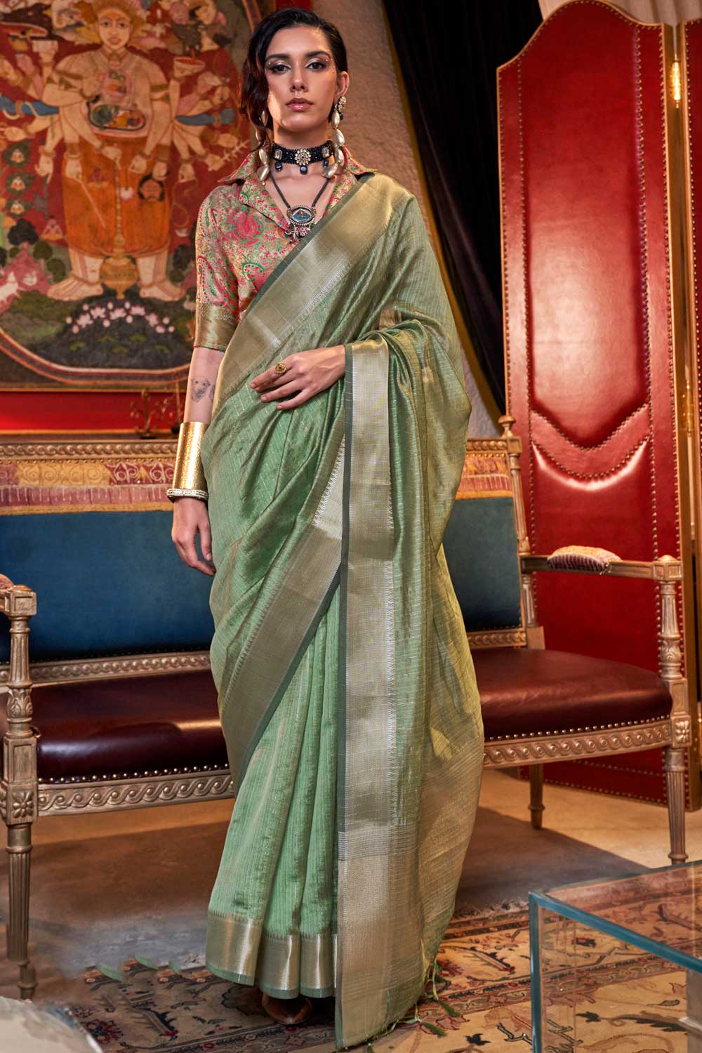 Green Color Glorious Chiffon Saree With Weaving Work