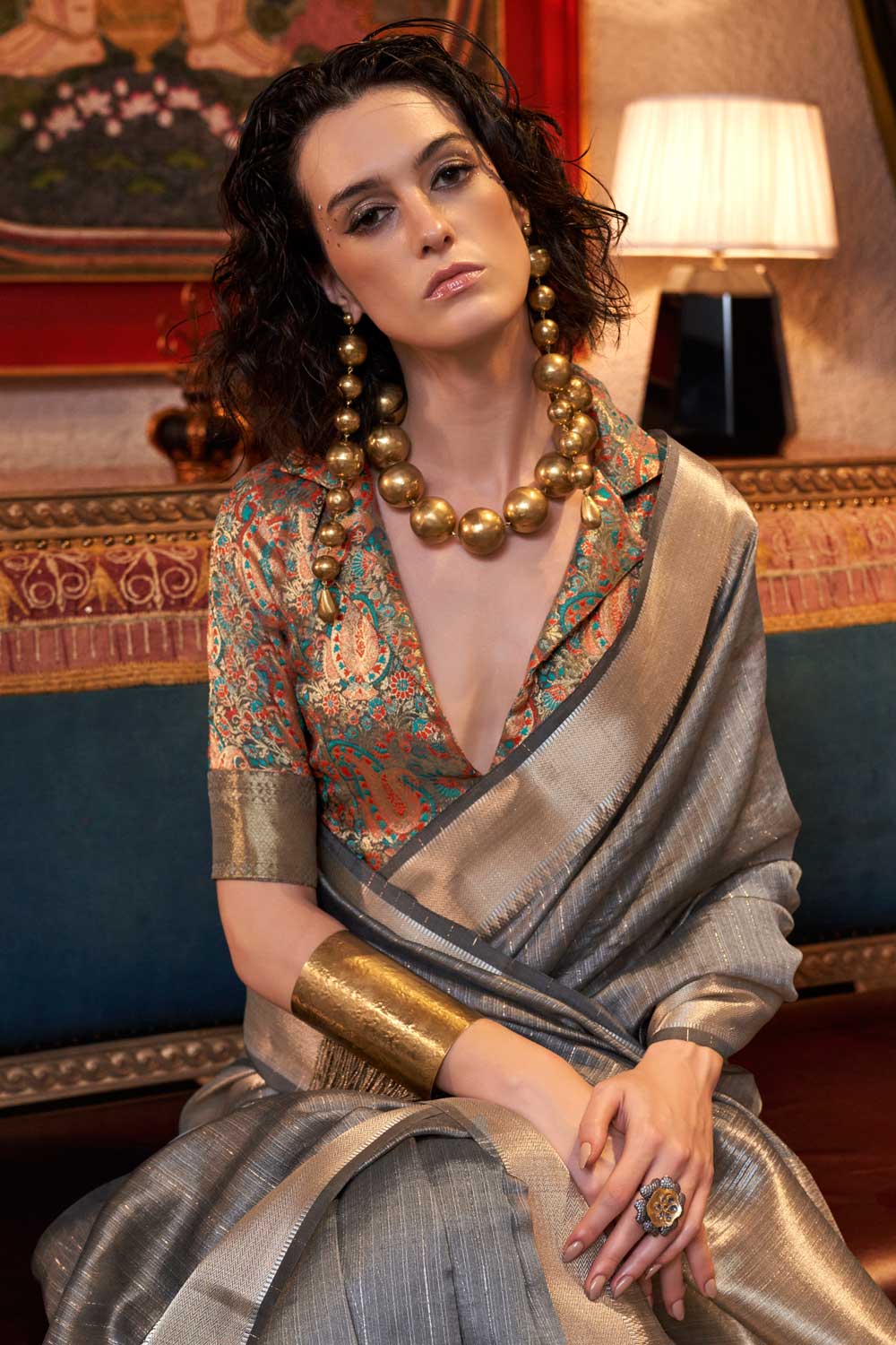 Delicate Grey Color Weaving Work Chiffon Saree