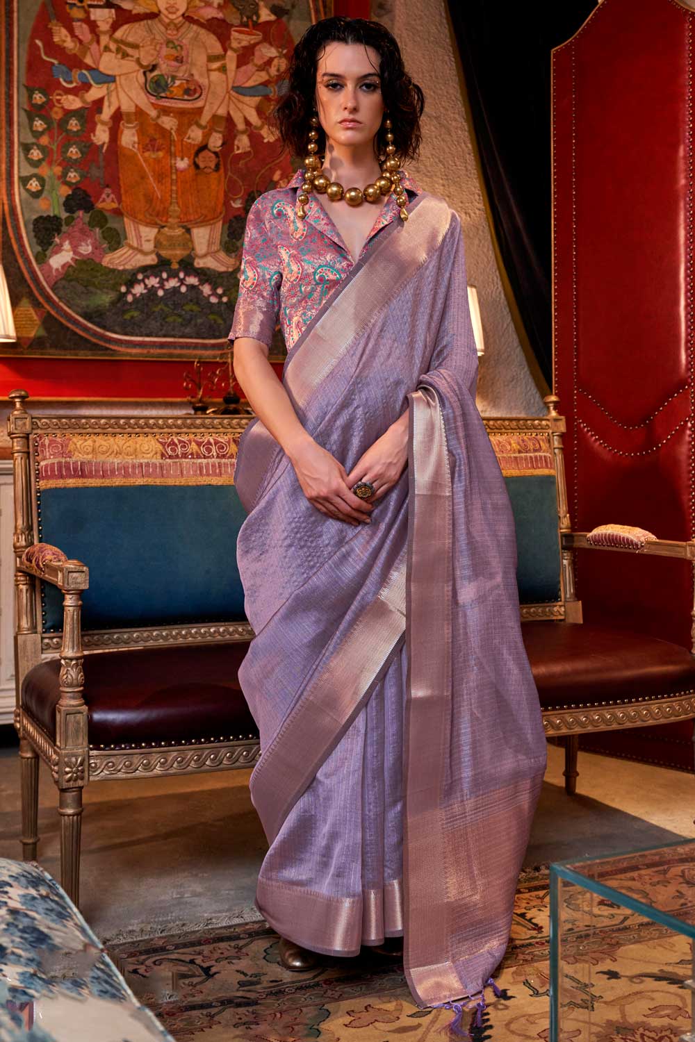 Weaving Work Attractive Chiffon Saree In Lavender Color