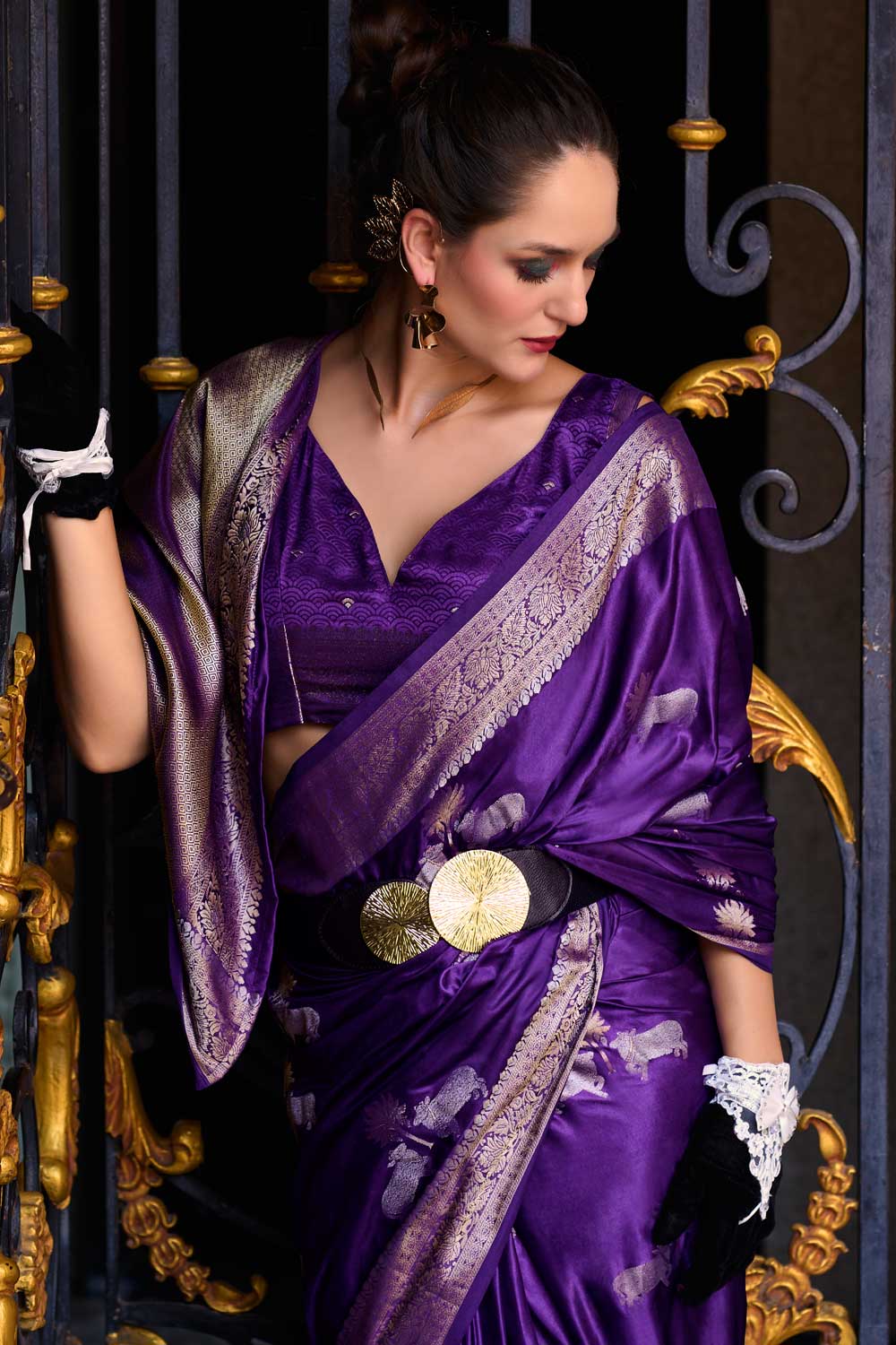 Purple Color Satin Silk Saree with Elegant Weaving Designs