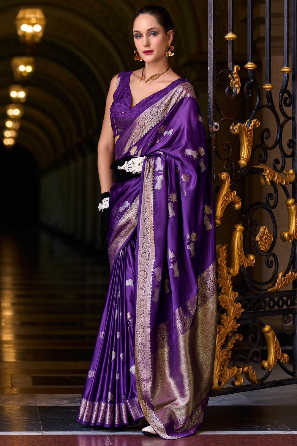 Purple Color Satin Silk Saree with Elegant Weaving Designs