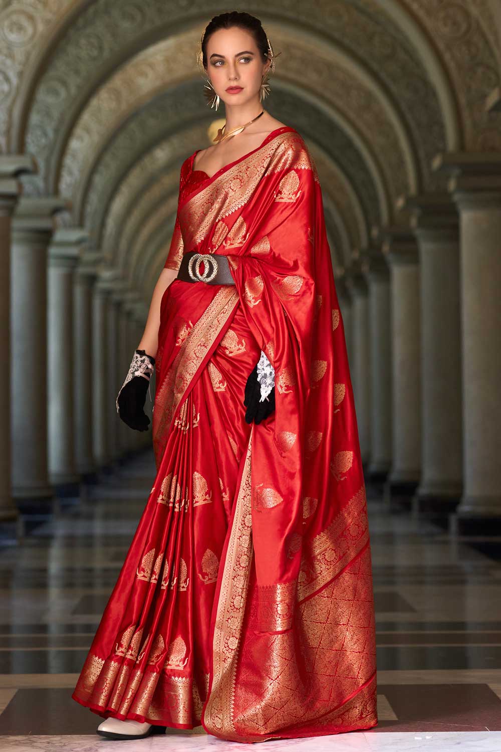 Stylish Red Color Weaving Work Soft Satin Silk Fabric Saree