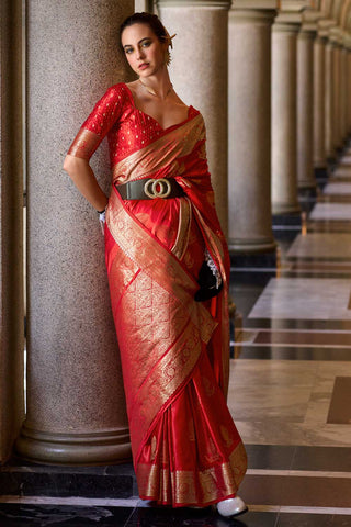 Stylish Red Color Weaving Work Soft Satin Silk Fabric Saree