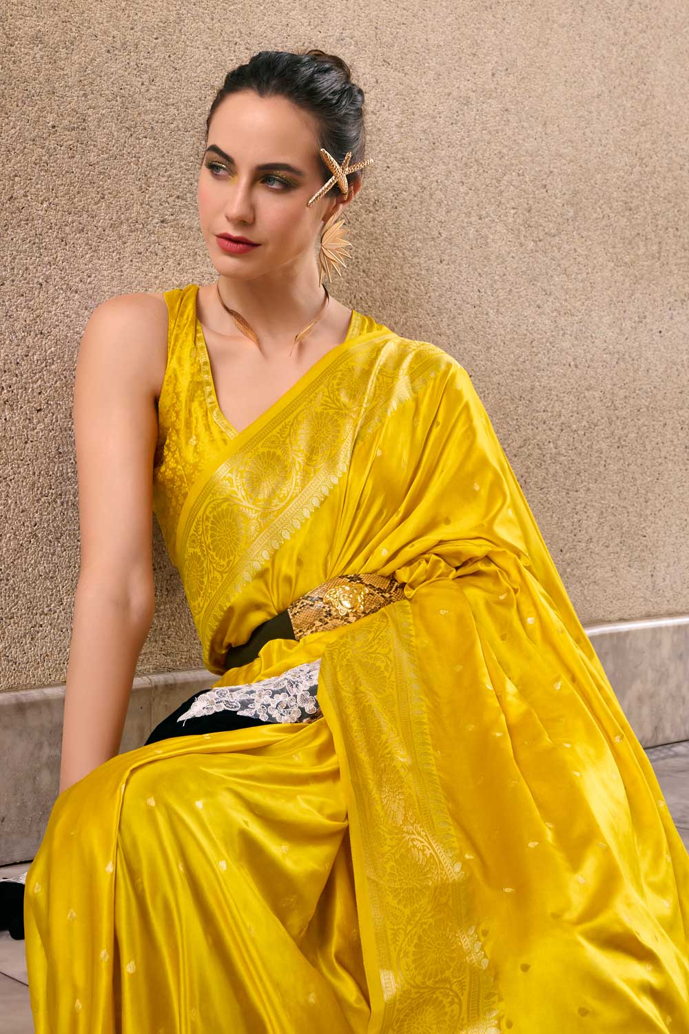 Yellow Color Satin Silk Saree with Delightful Weaving Designs