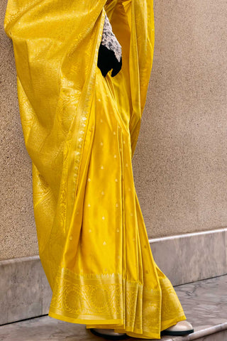 Yellow Color Satin Silk Saree with Delightful Weaving Designs