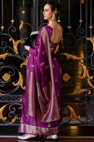 Remarkable Weaving Patterns on Wine Color Satin Silk Saree