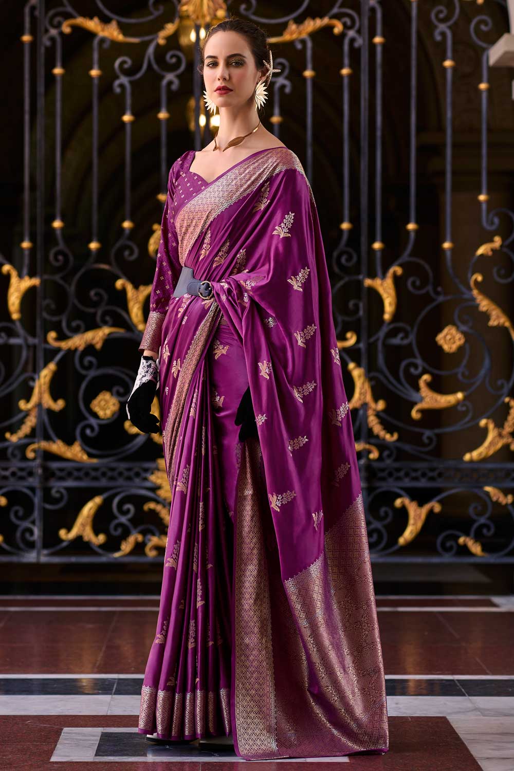 Remarkable Weaving Patterns on Wine Color Satin Silk Saree