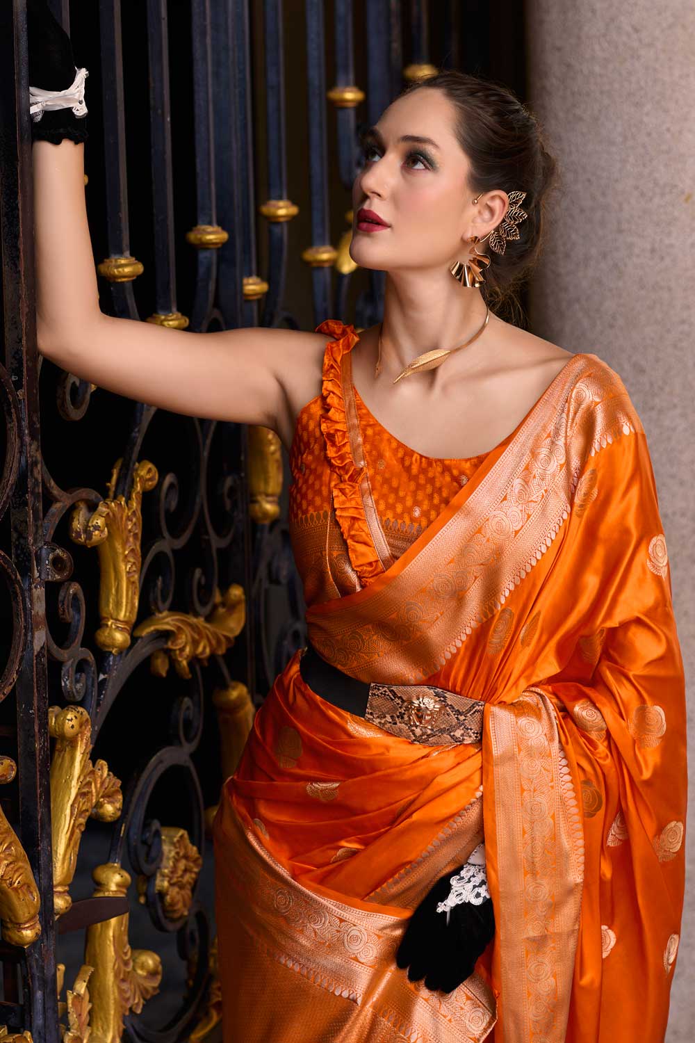 Alluring Orange Color Satin Silk Saree with Weaving Designs