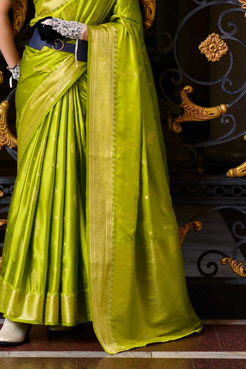 Graceful Green Color Satin Silk Saree with Weaving Designs