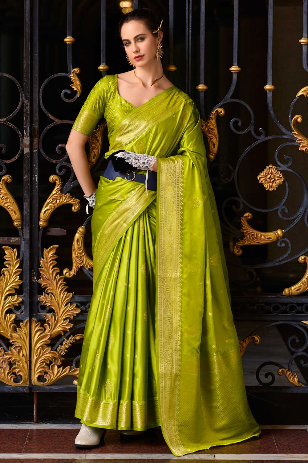 Graceful Green Color Satin Silk Saree with Weaving Designs