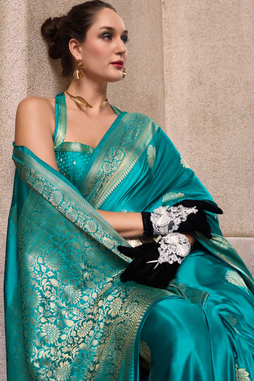 Sea Green Color Satin Silk Fabric Saree with Chic Weaving Designs