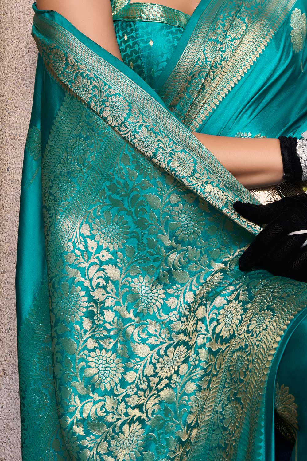 Sea Green Color Satin Silk Fabric Saree with Chic Weaving Designs